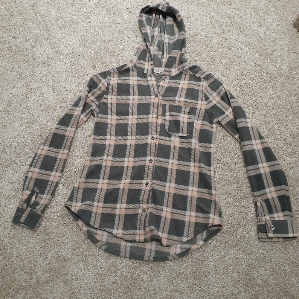 Plaid Gray & Pink Polar Fleece Button Up with Hood Size Small